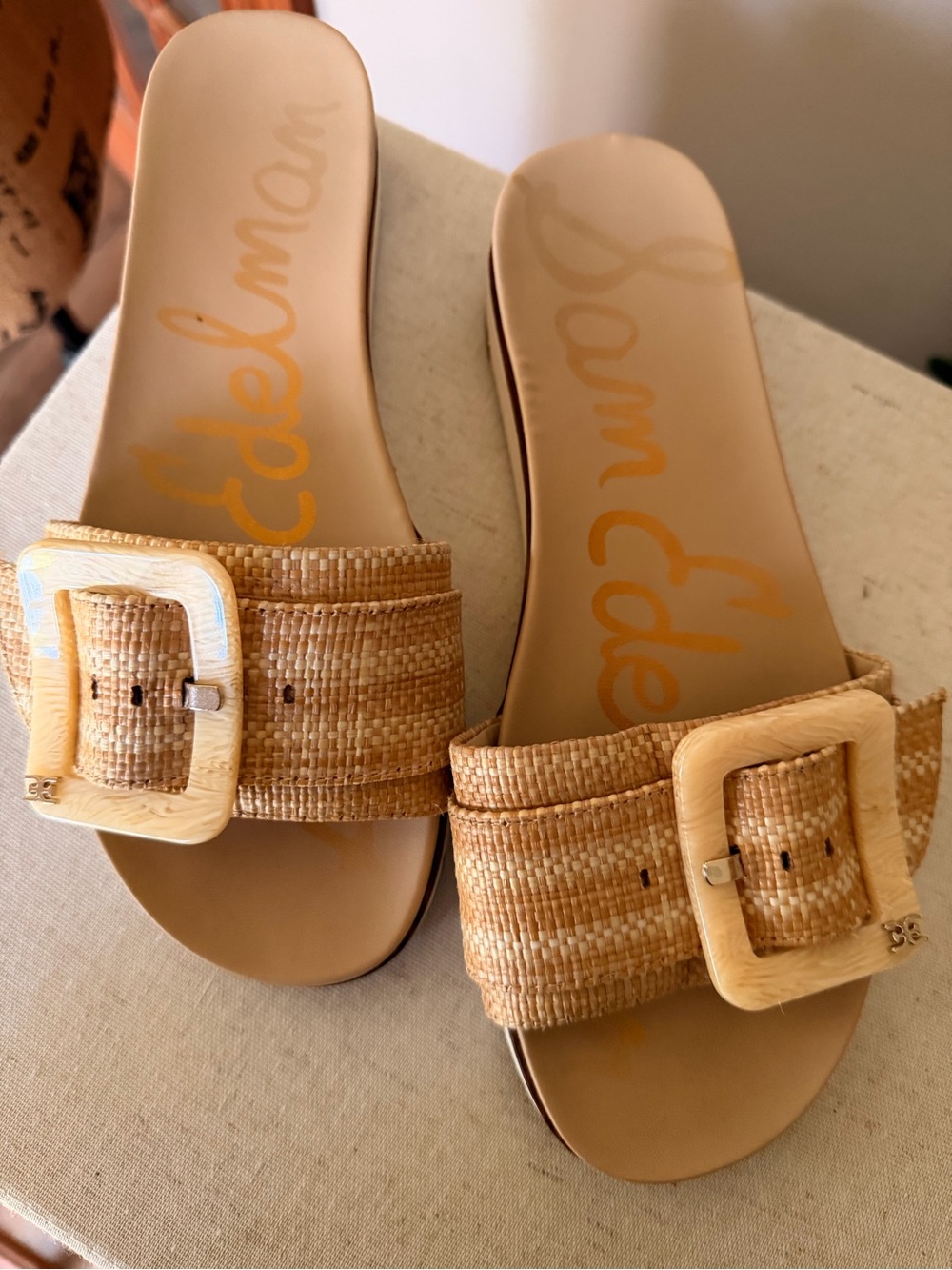 Sam Edelman Natural Raffia Buckle Slide Sandals